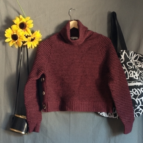 Madewell Ribbed Turtleneck Burgundy Sweater Side Button - Picture 6 of 13